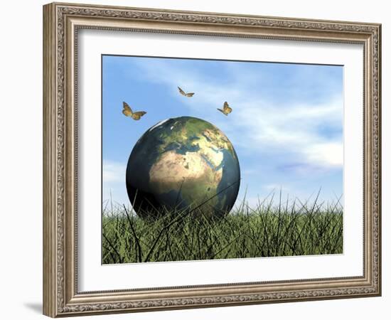 Three Butterflies Flying around Earth Globe-null-Framed Art Print