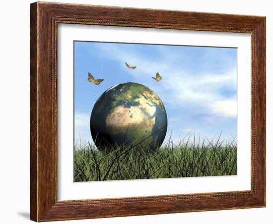 Three Butterflies Flying around Earth Globe-null-Framed Art Print