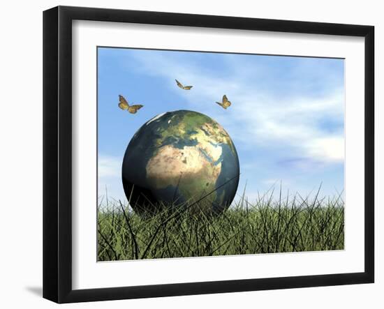 Three Butterflies Flying around Earth Globe-null-Framed Art Print