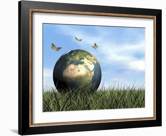 Three Butterflies Flying around Earth Globe-null-Framed Art Print