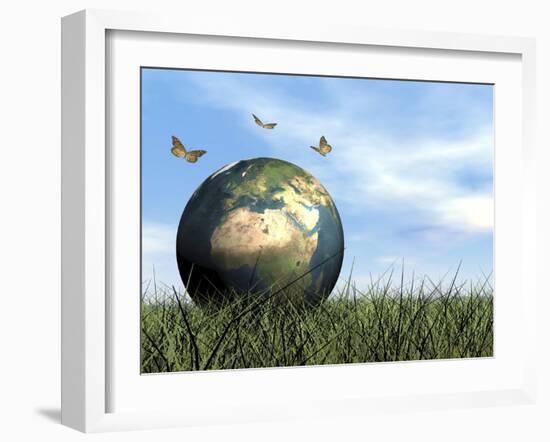 Three Butterflies Flying around Earth Globe-null-Framed Art Print