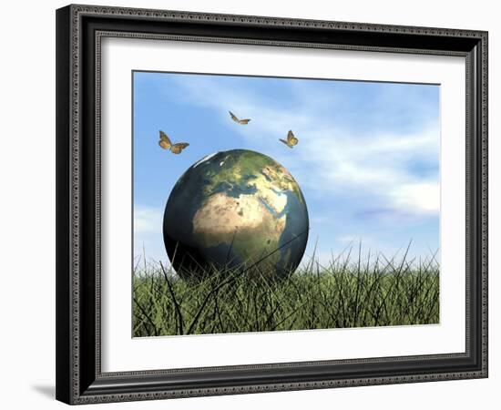 Three Butterflies Flying around Earth Globe-null-Framed Art Print