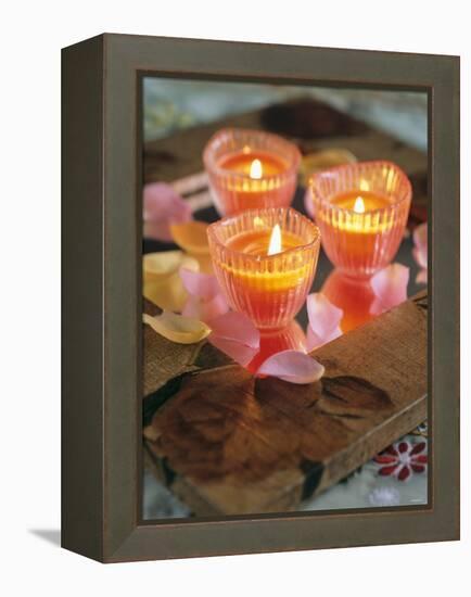 Three Candles and Rose Petals on a Table-Alena Hrbkova-Framed Premier Image Canvas