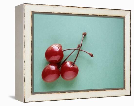 Three Cherries on a Green Background-Karen M^ Romanko-Framed Premier Image Canvas