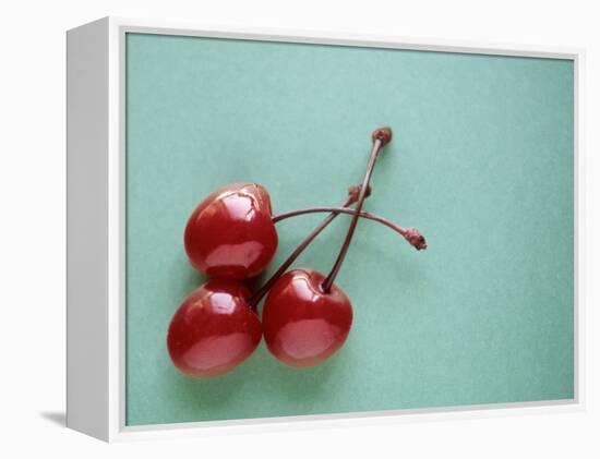 Three Cherries on a Green Background-Karen M^ Romanko-Framed Premier Image Canvas