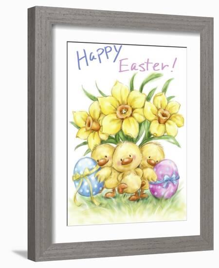 Three chicks with Daffodils and Egg-MAKIKO-Framed Giclee Print