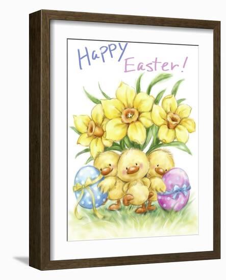 Three chicks with Daffodils and Egg-MAKIKO-Framed Giclee Print