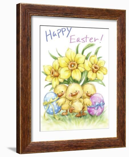 Three chicks with Daffodils and Egg-MAKIKO-Framed Giclee Print