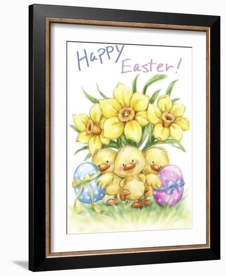 Three chicks with Daffodils and Egg-MAKIKO-Framed Giclee Print