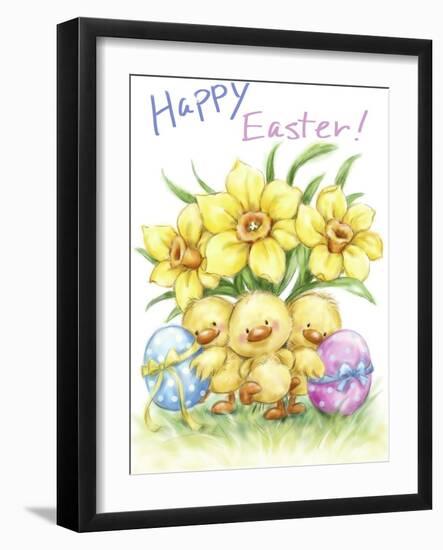 Three chicks with Daffodils and Egg-MAKIKO-Framed Giclee Print