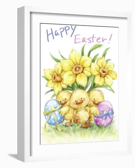 Three chicks with Daffodils and Egg-MAKIKO-Framed Giclee Print