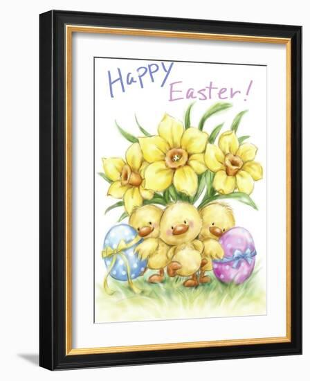 Three chicks with Daffodils and Egg-MAKIKO-Framed Giclee Print