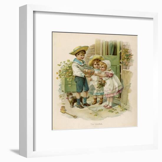 Three Children Admire Three Goldfish in a Bowl: So Does their Cat-null-Framed Art Print