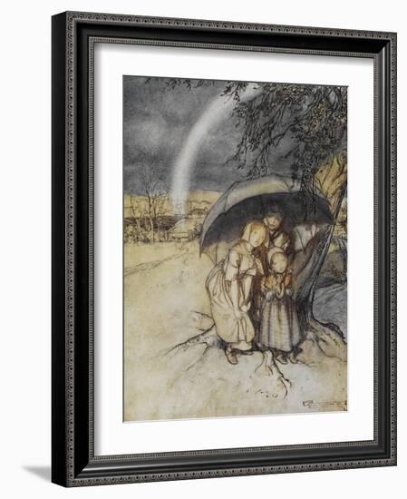 Three Children Sheltering Under an Umbrella With a Rainbow. 'Rain Rain, Go To Spain.'-Arthur Rackham-Framed Giclee Print