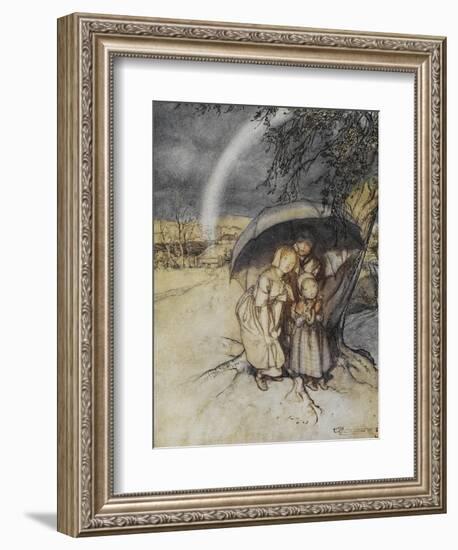 Three Children Sheltering Under an Umbrella With a Rainbow. 'Rain Rain, Go To Spain.'-Arthur Rackham-Framed Giclee Print