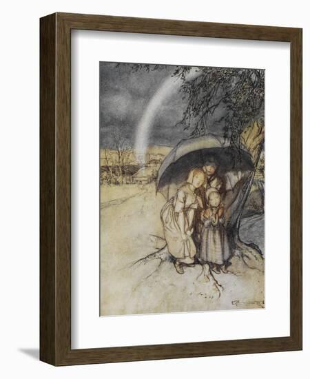 Three Children Sheltering Under an Umbrella With a Rainbow. 'Rain Rain, Go To Spain.'-Arthur Rackham-Framed Giclee Print