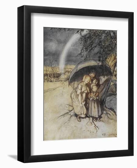 Three Children Sheltering Under an Umbrella With a Rainbow. 'Rain Rain, Go To Spain.'-Arthur Rackham-Framed Giclee Print