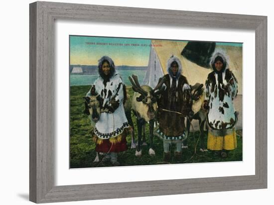 Three Eskimo Beauties and Sled Reindeer - Alaska State-Lantern Press-Framed Art Print