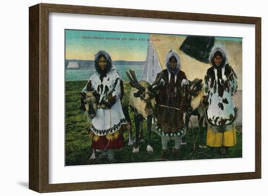 Three Eskimo Beauties and Sled Reindeer - Alaska State-Lantern Press-Framed Art Print