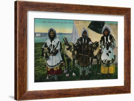 Three Eskimo Beauties and Sled Reindeer - Alaska State-Lantern Press-Framed Art Print