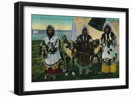 Three Eskimo Beauties and Sled Reindeer - Alaska State-Lantern Press-Framed Art Print