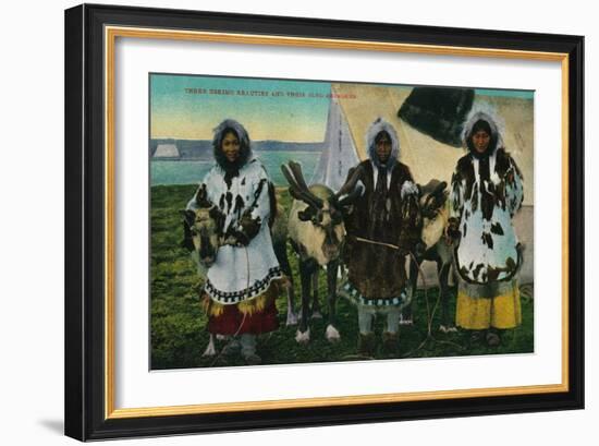 Three Eskimo Beauties and Sled Reindeer - Alaska State-Lantern Press-Framed Art Print