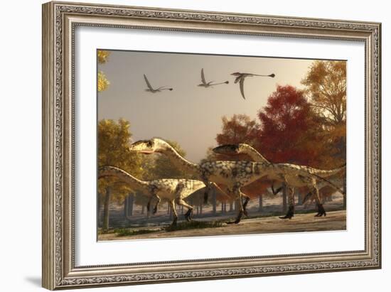 Three Eudimorphodons Fly Above a Group of Coelophysis in an Autumn Forest-Stocktrek Images-Framed Art Print