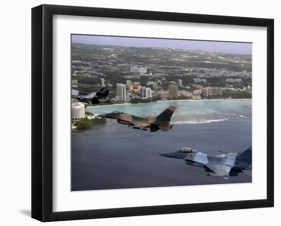 Three F-16 Fighting Falcons Fly in Formation over Tumon Bay, Guam-null-Framed Photographic Print