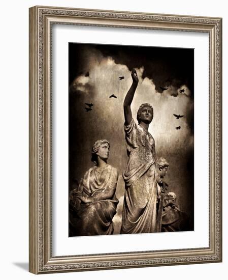 Three Female Statues with Stormy Clouds and Birds-Clive Nolan-Framed Photographic Print