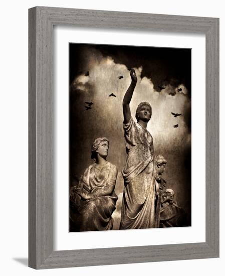 Three Female Statues with Stormy Clouds and Birds-Clive Nolan-Framed Photographic Print