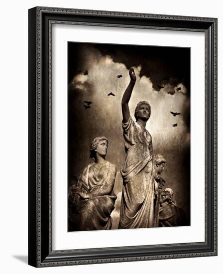 Three Female Statues with Stormy Clouds and Birds-Clive Nolan-Framed Photographic Print