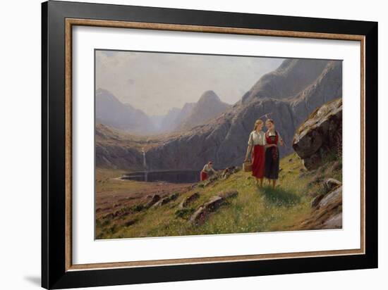 Three Girls by the Mountain Lake in Western Norway-Hans Andreas Dahl-Framed Giclee Print