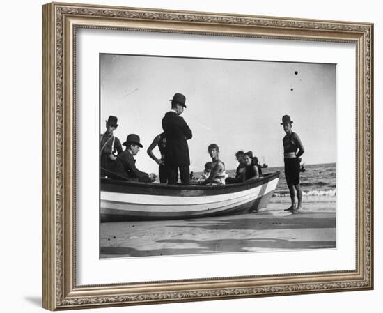 Three Girls Competing in a Swimming Match sit in boat before the meet at Coney Island, Brooklyn, NY-Wallace G^ Levison-Framed Photographic Print