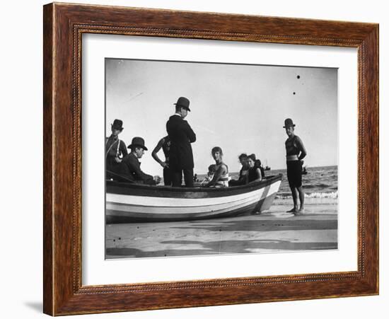 Three Girls Competing in a Swimming Match sit in boat before the meet at Coney Island, Brooklyn, NY-Wallace G^ Levison-Framed Photographic Print