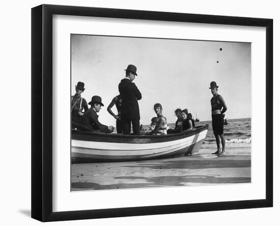 Three Girls Competing in a Swimming Match sit in boat before the meet at Coney Island, Brooklyn, NY-Wallace G^ Levison-Framed Photographic Print