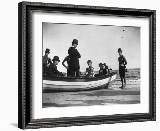 Three Girls Competing in a Swimming Match sit in boat before the meet at Coney Island, Brooklyn, NY-Wallace G^ Levison-Framed Photographic Print