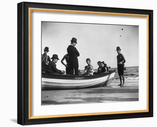 Three Girls Competing in a Swimming Match sit in boat before the meet at Coney Island, Brooklyn, NY-Wallace G^ Levison-Framed Photographic Print