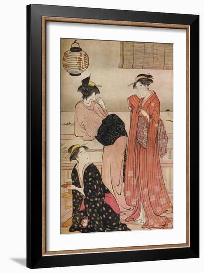 'Three girls on the veranda of a tea-house overlooking Edo Bay at Shinagawa', c1752-1815-Torii Kiyonaga-Framed Giclee Print