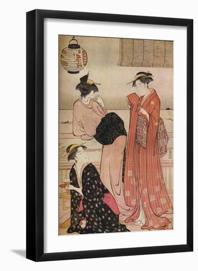 'Three girls on the veranda of a tea-house overlooking Edo Bay at Shinagawa', c1752-1815-Torii Kiyonaga-Framed Giclee Print