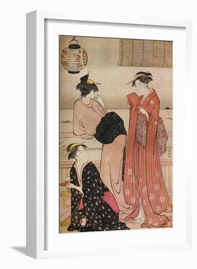 'Three girls on the veranda of a tea-house overlooking Edo Bay at Shinagawa', c1752-1815-Torii Kiyonaga-Framed Giclee Print