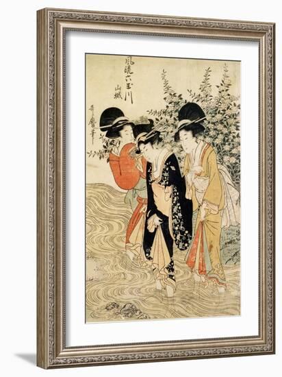 Three Girls Paddling in a River, Fashionable Six Jewelled Rivers, Yamashiro Province, Pub. 1790-Kitagawa Utamaro-Framed Giclee Print