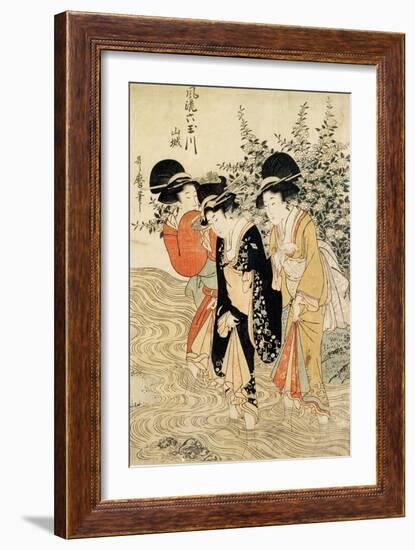 Three Girls Paddling in a River, Fashionable Six Jewelled Rivers, Yamashiro Province, Pub. 1790-Kitagawa Utamaro-Framed Giclee Print