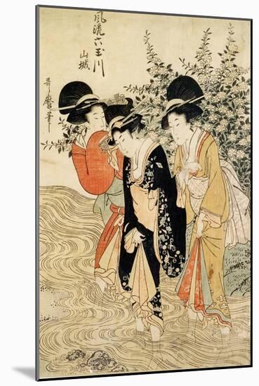 Three Girls Paddling in a River, Fashionable Six Jewelled Rivers, Yamashiro Province, Pub. 1790-Kitagawa Utamaro-Mounted Giclee Print