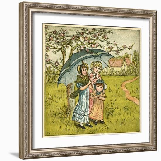 Three Girls under Blue Parasol-Kate Greenaway-Framed Art Print