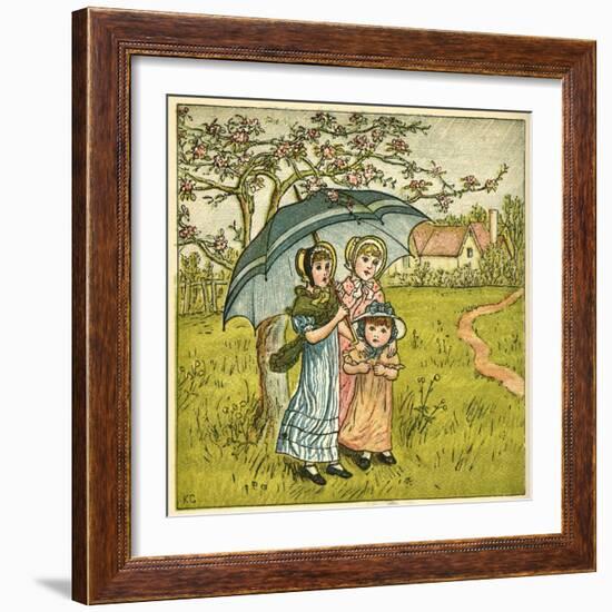 Three Girls under Blue Parasol-Kate Greenaway-Framed Art Print