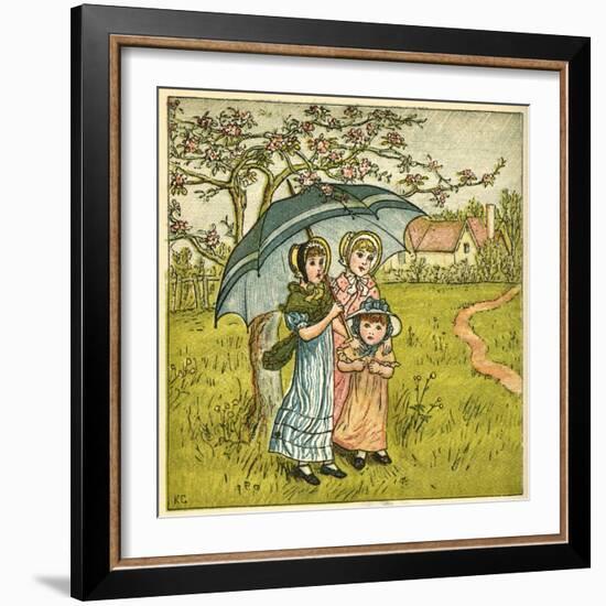 Three Girls under Blue Parasol-Kate Greenaway-Framed Art Print