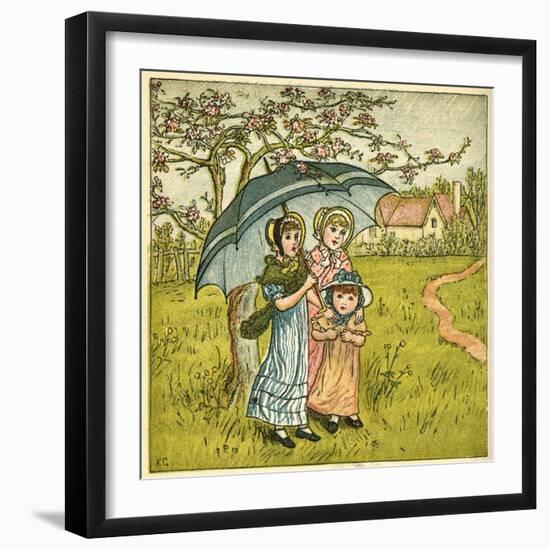 Three Girls under Blue Parasol-Kate Greenaway-Framed Art Print