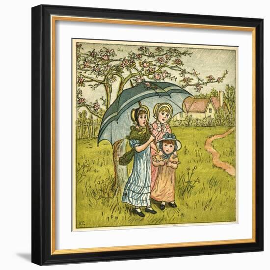 Three Girls under Blue Parasol-Kate Greenaway-Framed Art Print