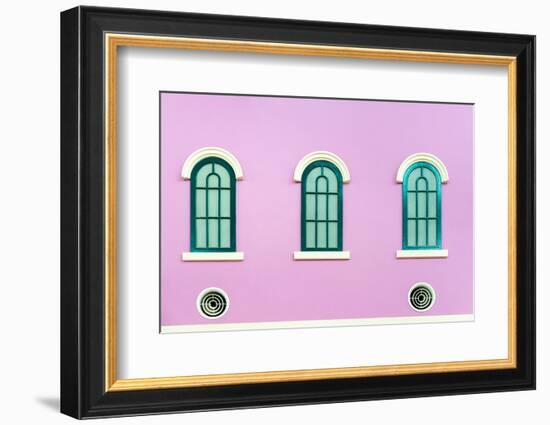 Three Green Arched Windows on Pink Wall-Yongkiet-Framed Photographic Print