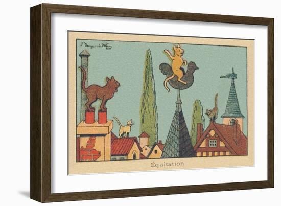 Three Gutter Cats Admire the One Riding on the Back of the Bell Tower Rooster.” Horseback Riding” ,-Benjamin Rabier-Framed Giclee Print